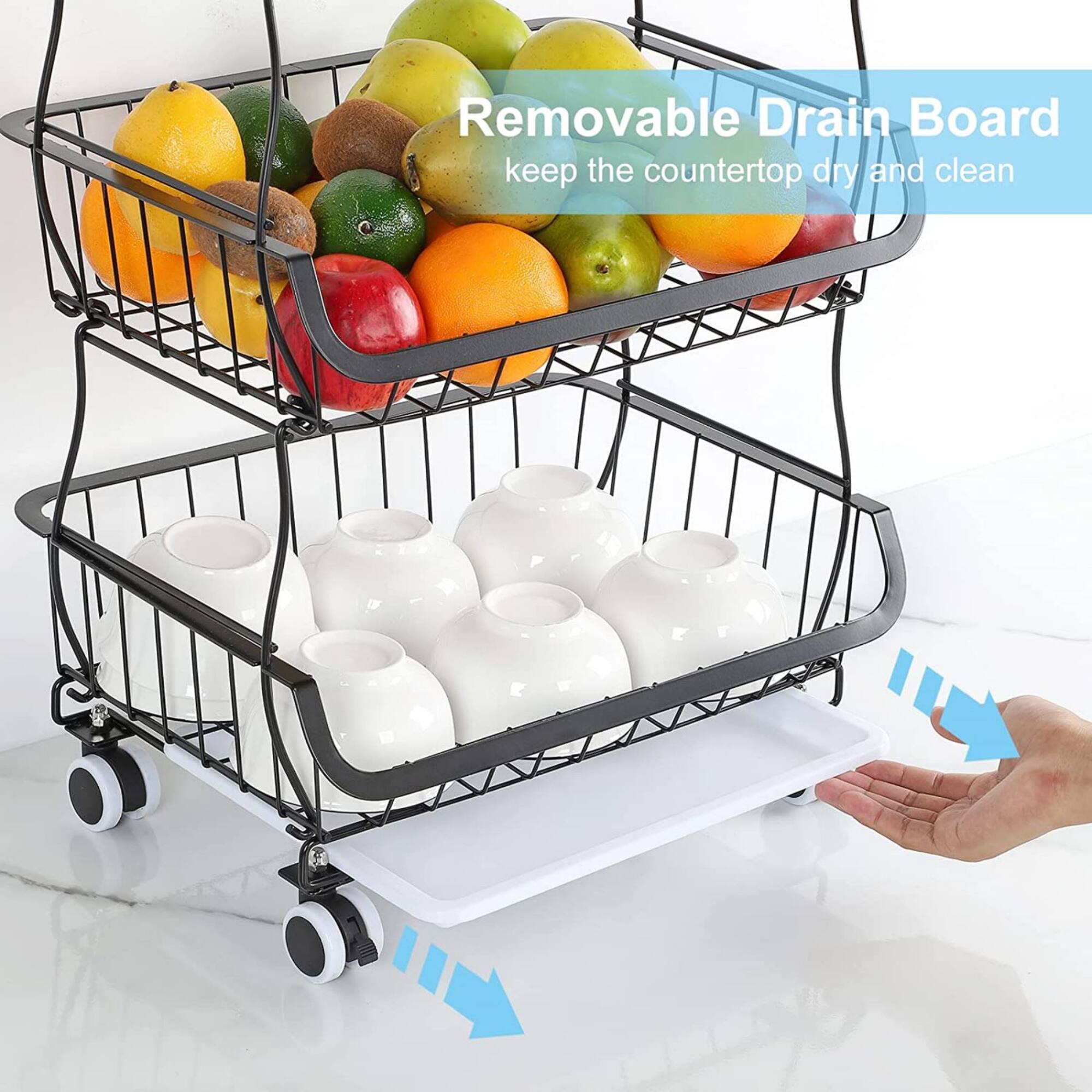 Black 4-Tier Fruit Storage Basket Rolling Cart